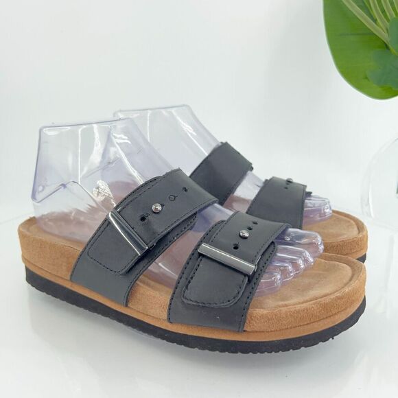 Earth Women's Canyon Ruby Sandal Size 7 Low Wedge Slide Black Straps Buckle - Picture 1 of 14